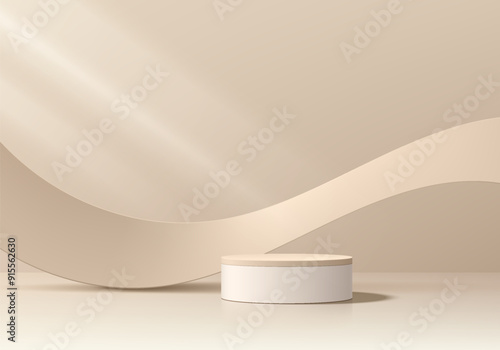Realistic 3D beige cylindrical podium background with wavy curve shape floating background. Minimalist mockup pedestal, Abstract product display presentation, Stage showcase. Platforms vector design.