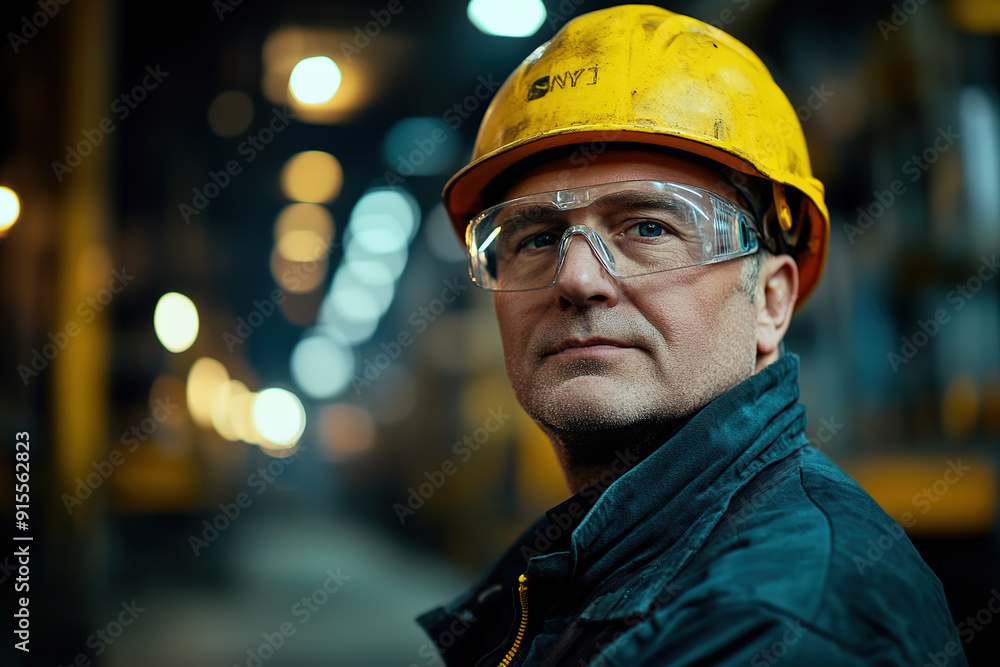 Confident middle-aged worker in a steel plant with a yellow helmet and safety glasses, standing before a blurred industrial setting. Highlights safety, professionalism, and industry. Confident middle-aged worker in a steel plant with a yellow helmet and safety glasses, standing before a blurred industrial setting. Highlights safety, professionalism, and industry.