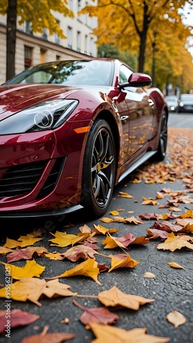 Red sports car parked on a street with fallen autumn leaves.