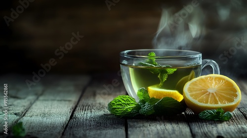 A steaming cup of green tea with a sprig of mint and a slice of lemon, placed on a wooden table, exuding warmth and wellness photo