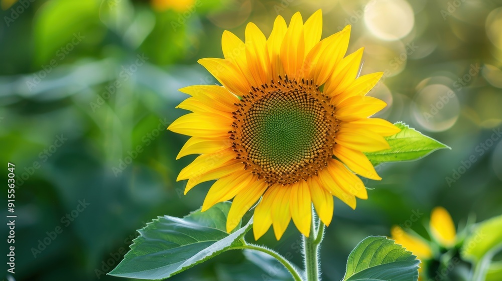 Fototapeta premium Vibrant Yellow Sunflower Blooming with Lush Green Leaves in Close-up Detail