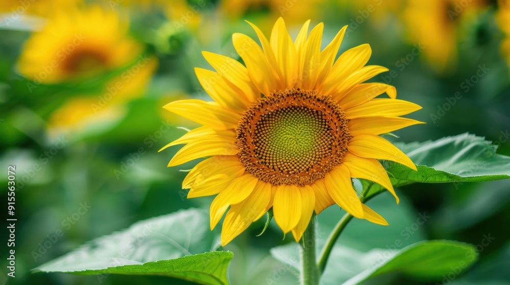 Vibrant Close-up of Yellow Sunflower with Lush Green Leaves in Natural Sunlight Vibrant Close-up of Yellow Sunflower with Lush Green Leaves in Natural Sunlight
