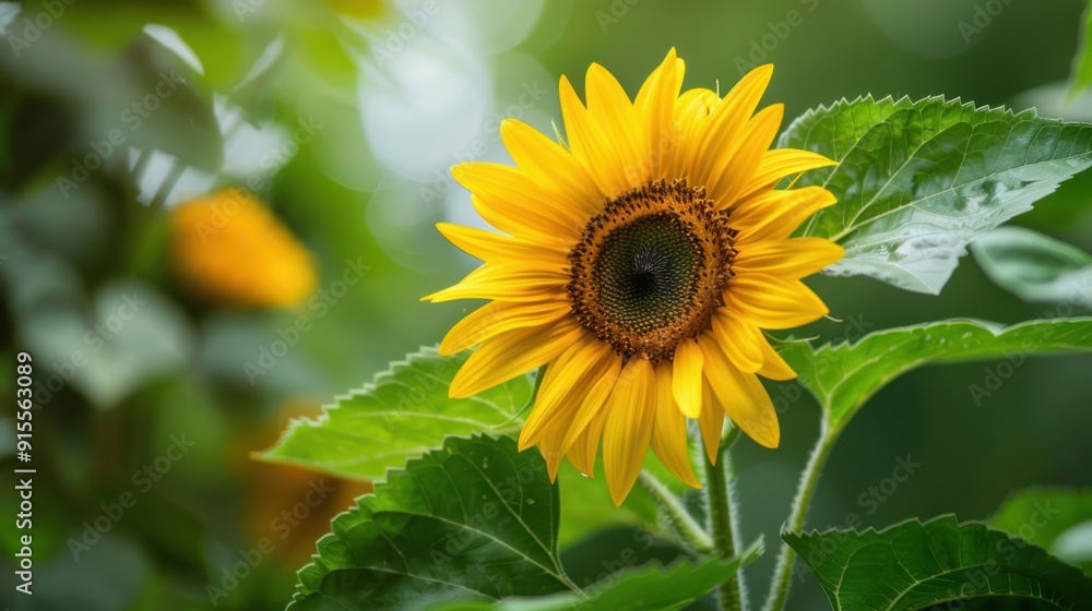 Vibrant Yellow Sunflower with Lush Green Leaves Close-Up in Natural Light Vibrant Yellow Sunflower with Lush Green Leaves Close-Up in Natural Light