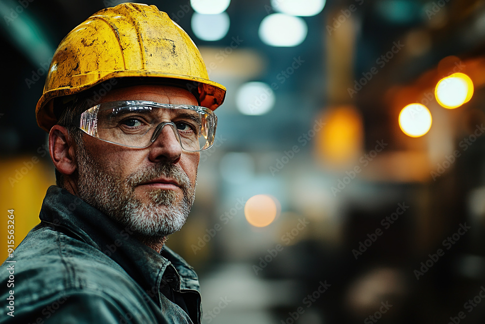 Steel plant worker in safety glasses and a yellow helmet, middle-aged and professional, posed with a blurred factory background. Emphasizes safety and industrial expertise. Steel plant worker in safety glasses and a yellow helmet, middle-aged and professional, posed with a blurred factory background. Emphasizes safety and industrial expertise.