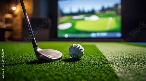 Golf putter and ball on virtual golf green