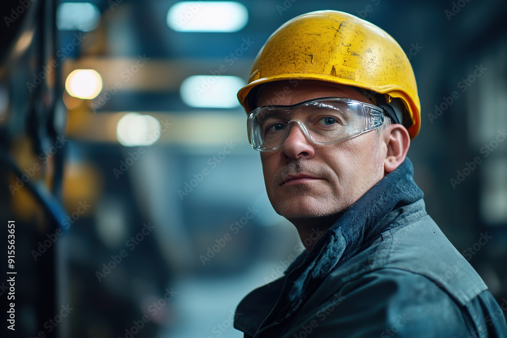 Steel plant worker in safety glasses and a yellow helmet, middle-aged and professional, posed with a blurred factory background. Emphasizes safety and industrial expertise. Steel plant worker in safety glasses and a yellow helmet, middle-aged and professional, posed with a blurred factory background. Emphasizes safety and industrial expertise.