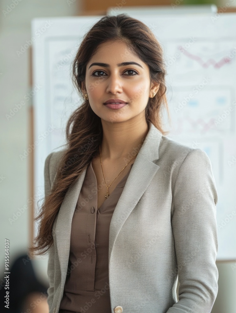 A woman standing in front of a white board, great for presentations, meetings or office settings A woman standing in front of a white board, great for presentations, meetings or office settings