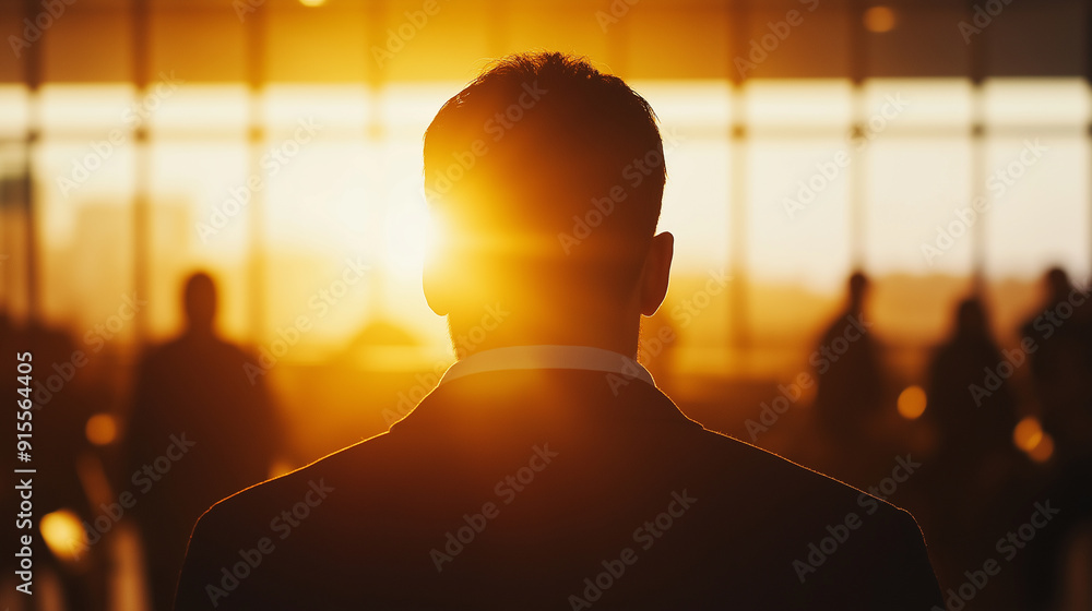 Silhouette of a person watching the sunrise through large windows, with a crowd in the background. Silhouette of a person watching the sunrise through large windows, with a crowd in the background.
