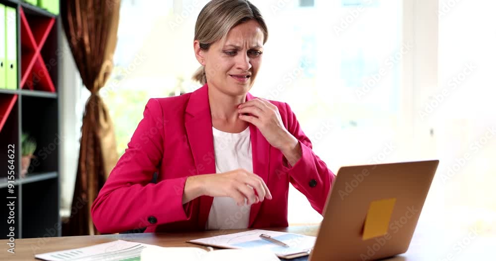 Businesswoman nervous in front on laptop and scratching her body and face 4k movie slow motion. Stress at work concept Businesswoman nervous in front on laptop and scratching her body and face 4k movie slow motion. Stress at work concept