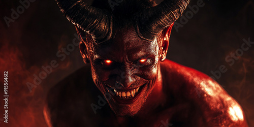 A red demon face glowing in the dark, laughing maniacally