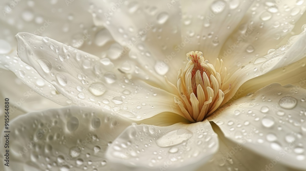 Fototapeta premium Serene Beauty: Close-up of a White Magnolia Blossom with Glistening Water Droplets