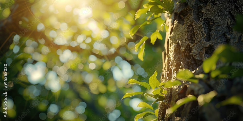 A close-up of the trunk and leaves of an old tree, bathed in sunlight with a blurred background of greenery. The focus is on the texture of wood and foliage A close-up of the trunk and leaves of an old tree, bathed in sunlight with a blurred background of greenery. The focus is on the texture of wood and foliage