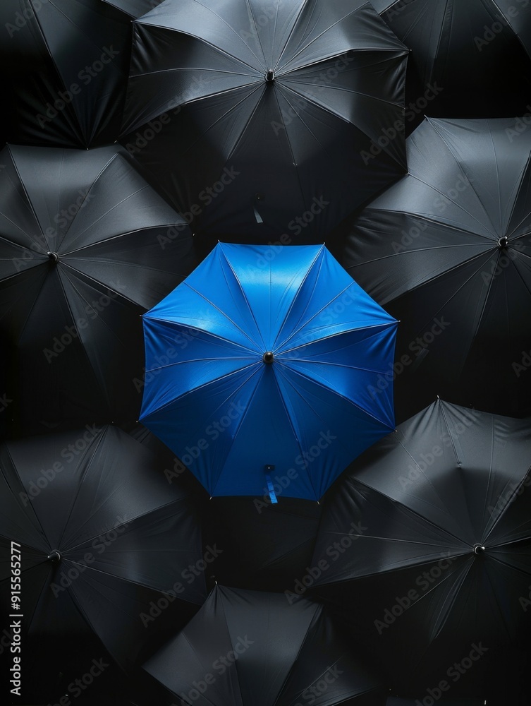 A blue umbrella in the middle of black umbrellas. Blue umbrella surrounded by many black umbrellas A blue umbrella in the middle of black umbrellas. Blue umbrella surrounded by many black umbrellas