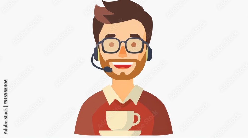 Smiling Customer Service Representative with Headset and Coffee Smiling Customer Service Representative with Headset and Coffee