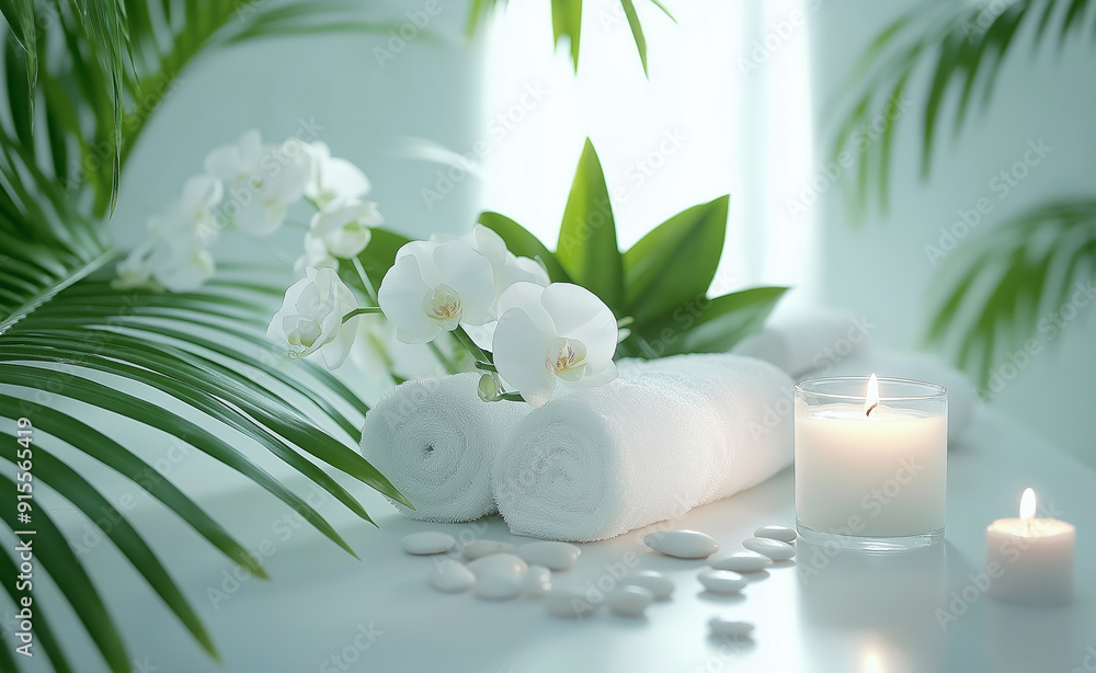 Spa scene with rolled white towels, orchids, candles, and smooth stones arranged on a reflective surface. Spa scene with rolled white towels, orchids, candles, and smooth stones arranged on a reflective surface.