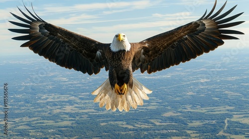 A majestic eagle soars through the sky, showcasing its stunning wingspan and sharp features against a blue backdrop. photo