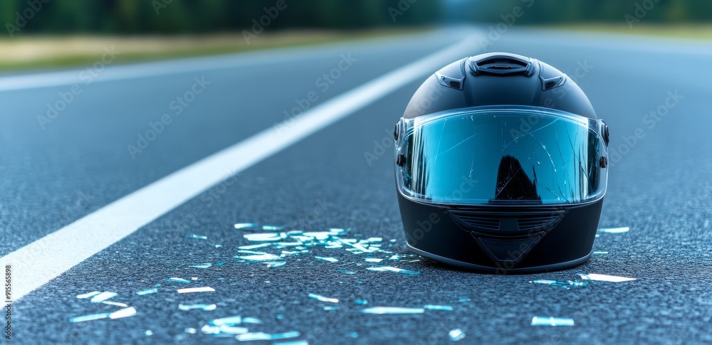Fototapeta premium A black motorcycle helmet with cracked glass lying on the asphalt
