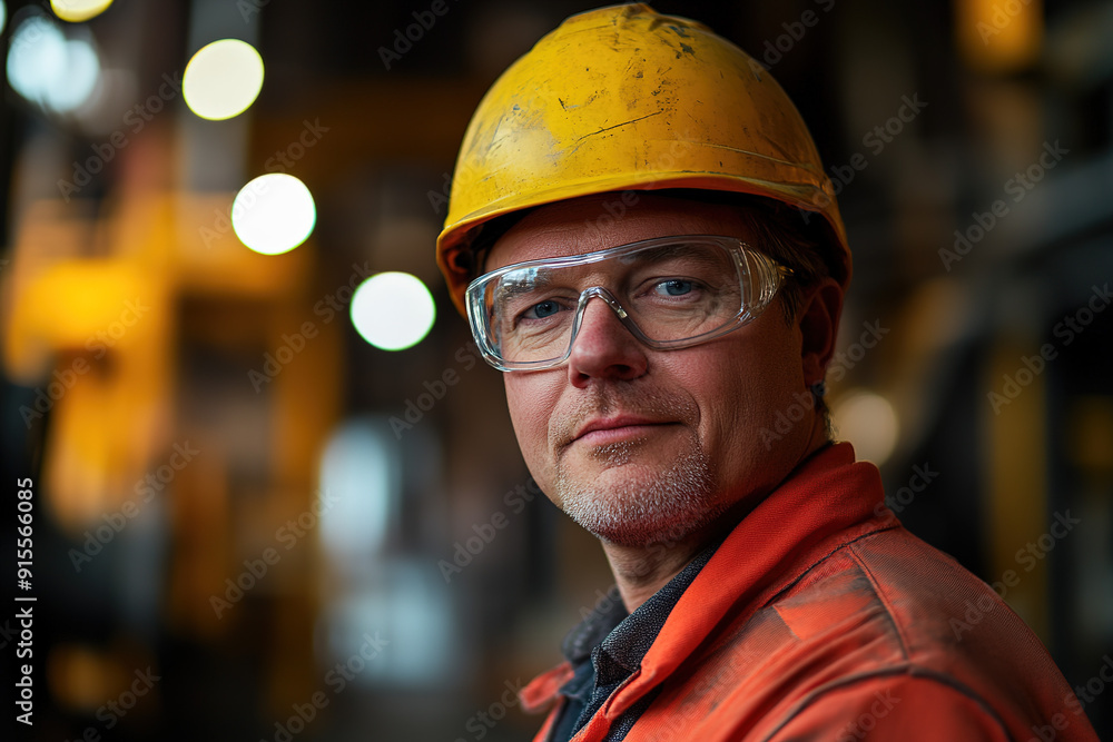 Professional middle-aged man in safety gear and a yellow helmet at a steel plant, looking confidently at the camera with an industrial background. Highlights safety and manufacturing. Professional middle-aged man in safety gear and a yellow helmet at a steel plant, looking confidently at the camera with an industrial background. Highlights safety and manufacturing.