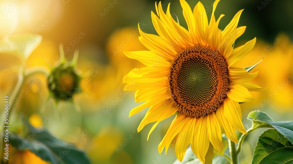Vibrant Close-up of Yellow Sunflower with Lush Green Stem in Natural Sunlight Vibrant Close-up of Yellow Sunflower with Lush Green Stem in Natural Sunlight