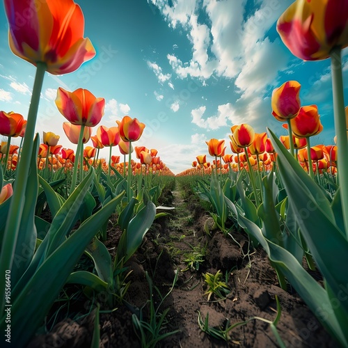 A vibrant, low-angle view of tulips in full bloom under a bright blue sky with scattered clouds.
