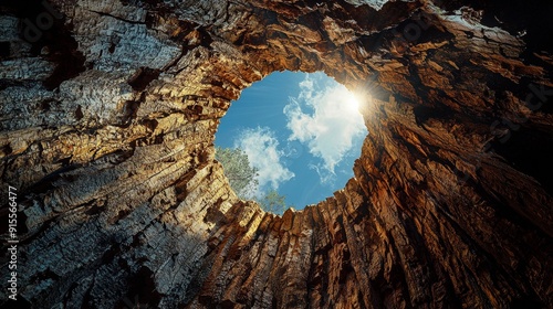 Looking up at the sky from within a circular rocky cave with a clear blue sky