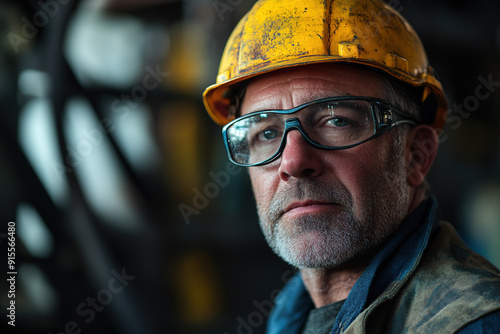  Professional middle-aged man in safety gear and a yellow helmet at a steel plant, looking confidently at the camera with an industrial background. Highlights safety and manufacturing.