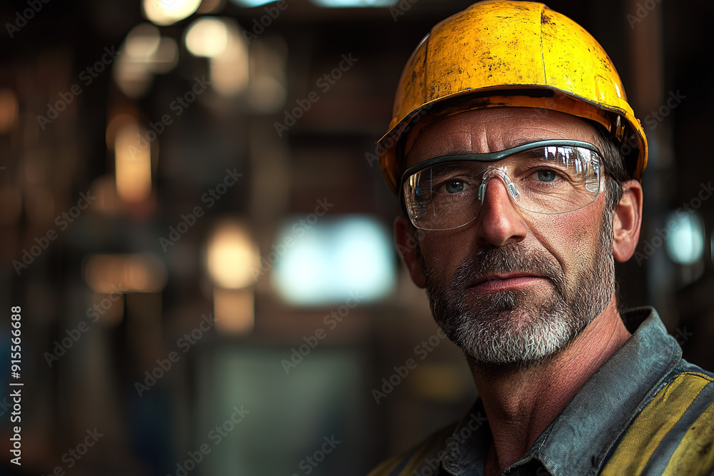 Professional middle-aged man in safety gear and a yellow helmet at a steel plant, looking confidently at the camera with an industrial background. Highlights safety and manufacturing. Professional middle-aged man in safety gear and a yellow helmet at a steel plant, looking confidently at the camera with an industrial background. Highlights safety and manufacturing.