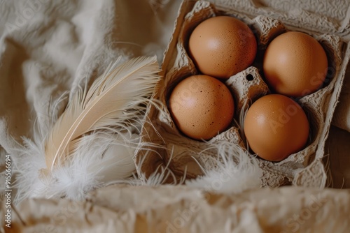 A natural and rustic shot of organic farm eggs in a cardboard carton, with feathers scattered around