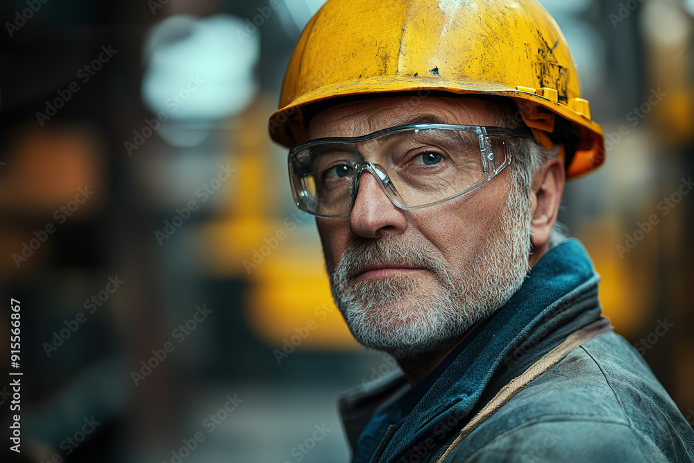 Middle-aged industrial worker with safety glasses and a yellow helmet in a steel plant, posing with a blurry background. Emphasizes safety, industry expertise, and professionalism. Middle-aged industrial worker with safety glasses and a yellow helmet in a steel plant, posing with a blurry background. Emphasizes safety, industry expertise, and professionalism.
