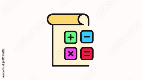Yellow paper scroll, four buttons, plus, minus, times, equals. motion graphic icon
