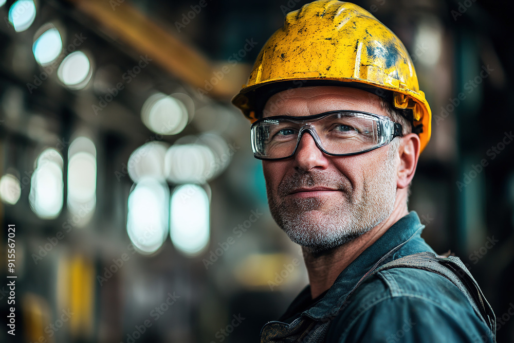 Middle-aged industrial worker with safety glasses and a yellow helmet in a steel plant, posing with a blurry background. Emphasizes safety, industry expertise, and professionalism. Middle-aged industrial worker with safety glasses and a yellow helmet in a steel plant, posing with a blurry background. Emphasizes safety, industry expertise, and professionalism.
