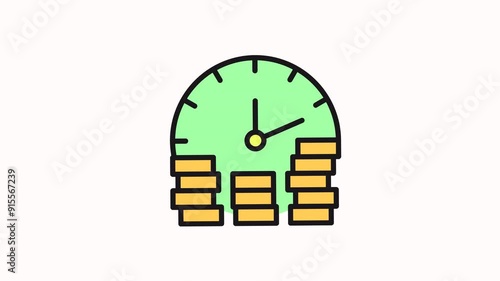 Clock face above stacks coins, time money concept. 
motion graphic icon
