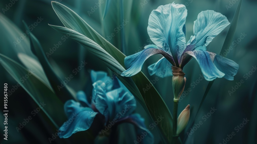 Serene Close-Up of Blue Iris Flower Amid Lush Green Leaves in Natural Light Serene Close-Up of Blue Iris Flower Amid Lush Green Leaves in Natural Light