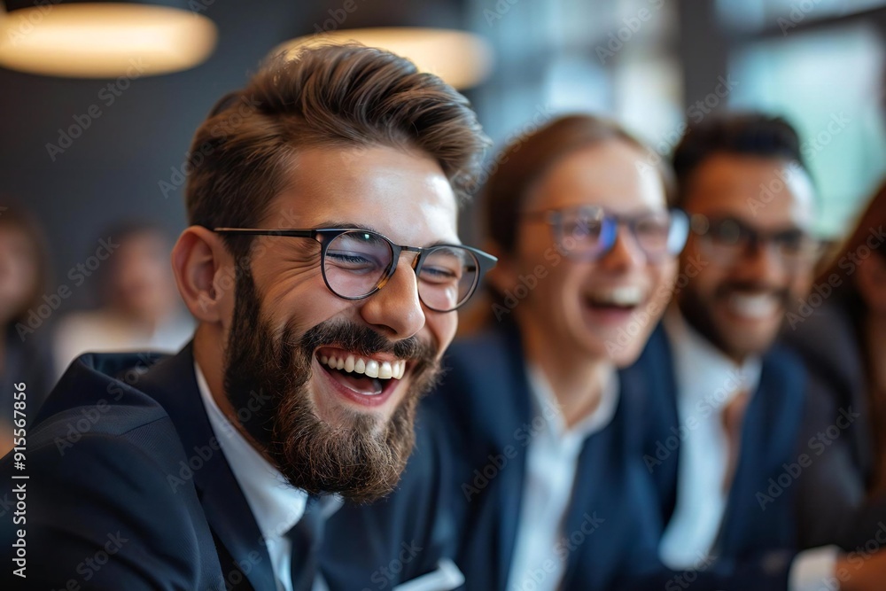 Young businessman with a well-groomed beard and his colleagues wearing eyeglasses laughing while discussing work at a meeting room. Young businessman with a well-groomed beard and his colleagues wearing eyeglasses laughing while discussing work at a meeting room.