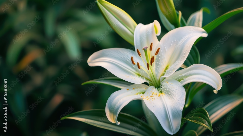 Serene Beauty of Blooming White Lily with Lush Green Leaves in Close-up View Serene Beauty of Blooming White Lily with Lush Green Leaves in Close-up View