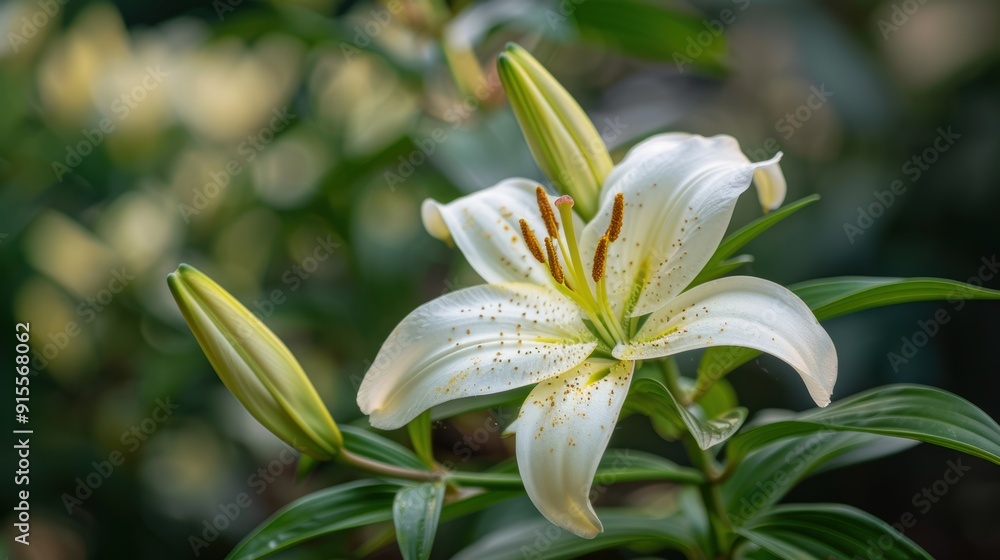 Fototapeta premium Serene Beauty of a Blooming White Lily with Lush Green Leaves Close-Up