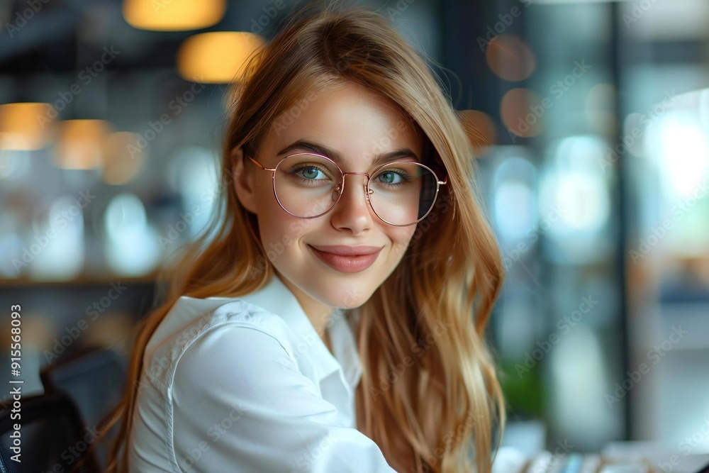 Happy young businesswoman with eyeglasses using a calculator at the workplace. Happy young businesswoman with eyeglasses using a calculator at the workplace.