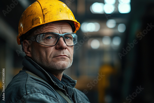  Experienced steel plant worker in safety gear and a yellow helmet, confidently facing the camera with a blurred industrial backdrop. Focuses on safety and industrial professionalism. photo