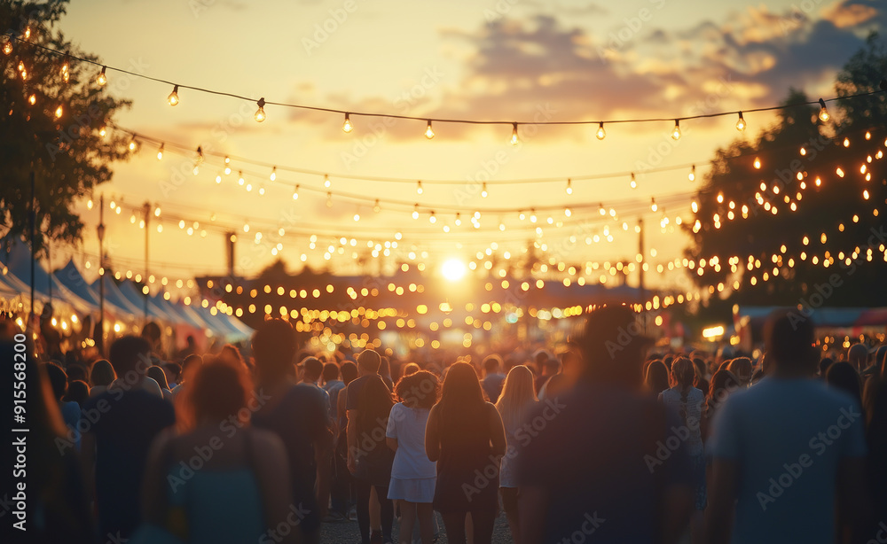 Outdoor festival at sunset with string lights illuminating the crowd. Outdoor festival at sunset with string lights illuminating the crowd.