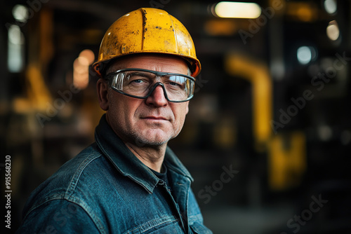  Middle-aged worker in a steel plant, wearing a yellow helmet and safety glasses, with a blurry factory background. Showcases industrial safety and professionalism.