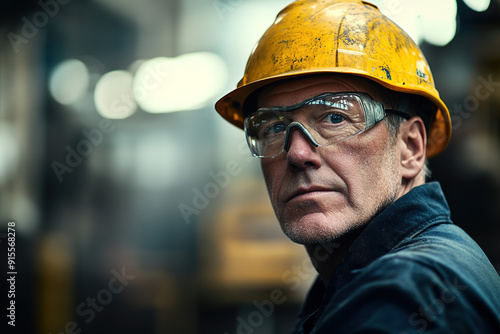  Middle-aged worker in a steel plant, wearing a yellow helmet and safety glasses, with a blurry factory background. Showcases industrial safety and professionalism.