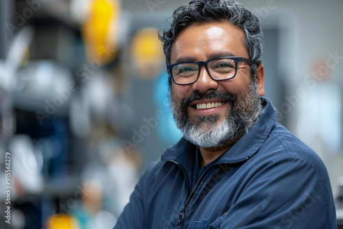 Portrait of a laughing male janitor in office with well groomed beard, wearing eyeglasses.