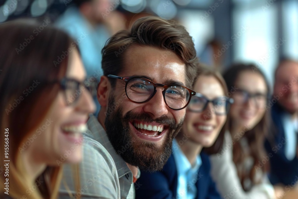 Group of laughing business people, some wearing eyeglasses, one with a well-groomed beard, at the meeting discussing. Group of laughing business people, some wearing eyeglasses, one with a well-groomed beard, at the meeting discussing.