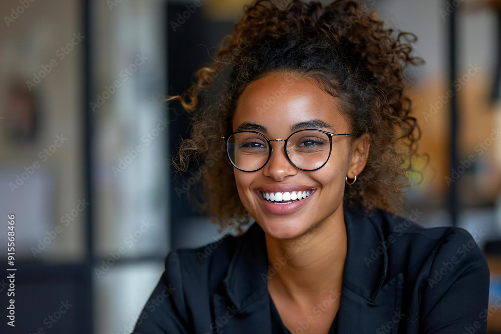 Businesswoman laughing and wearing eyeglasses while speaking at an interview in the office. Businesswoman laughing and wearing eyeglasses while speaking at an interview in the office.