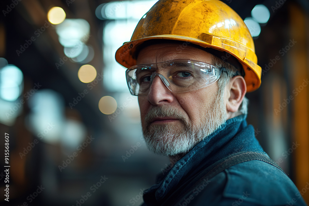 Middle-aged worker in a steel plant, wearing a yellow helmet and safety glasses, with a blurry factory background. Showcases industrial safety and professionalism. Middle-aged worker in a steel plant, wearing a yellow helmet and safety glasses, with a blurry factory background. Showcases industrial safety and professionalism.