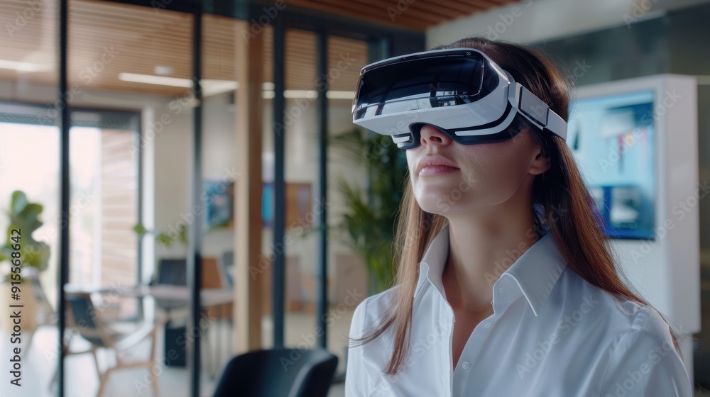 Person wearing VR headset in a modern office setting Person wearing VR headset in a modern office setting