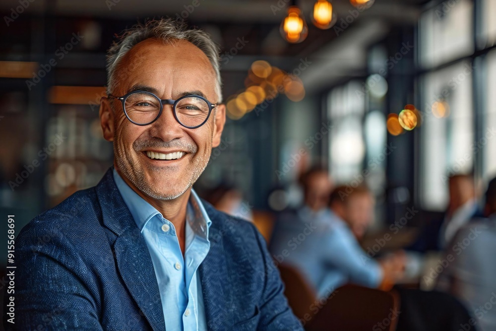 Fototapeta premium Portrait of a laughing mature businessman with his colleagues, some of whom are wearing eyeglasses.