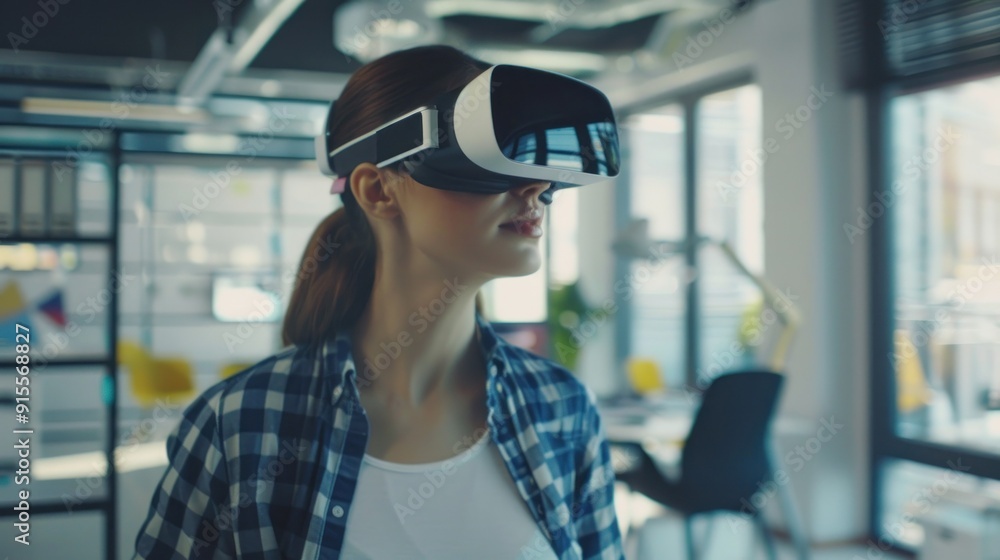 Young woman using VR headset in modern co-working space Young woman using VR headset in modern co-working space