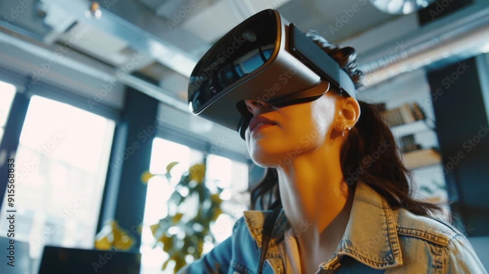 Person using VR headset in modern office, plants visible Person using VR headset in modern office, plants visible