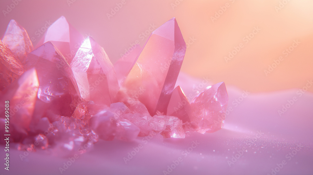 Close-up of pink quartz crystals against a soft pink background. Close-up of pink quartz crystals against a soft pink background.